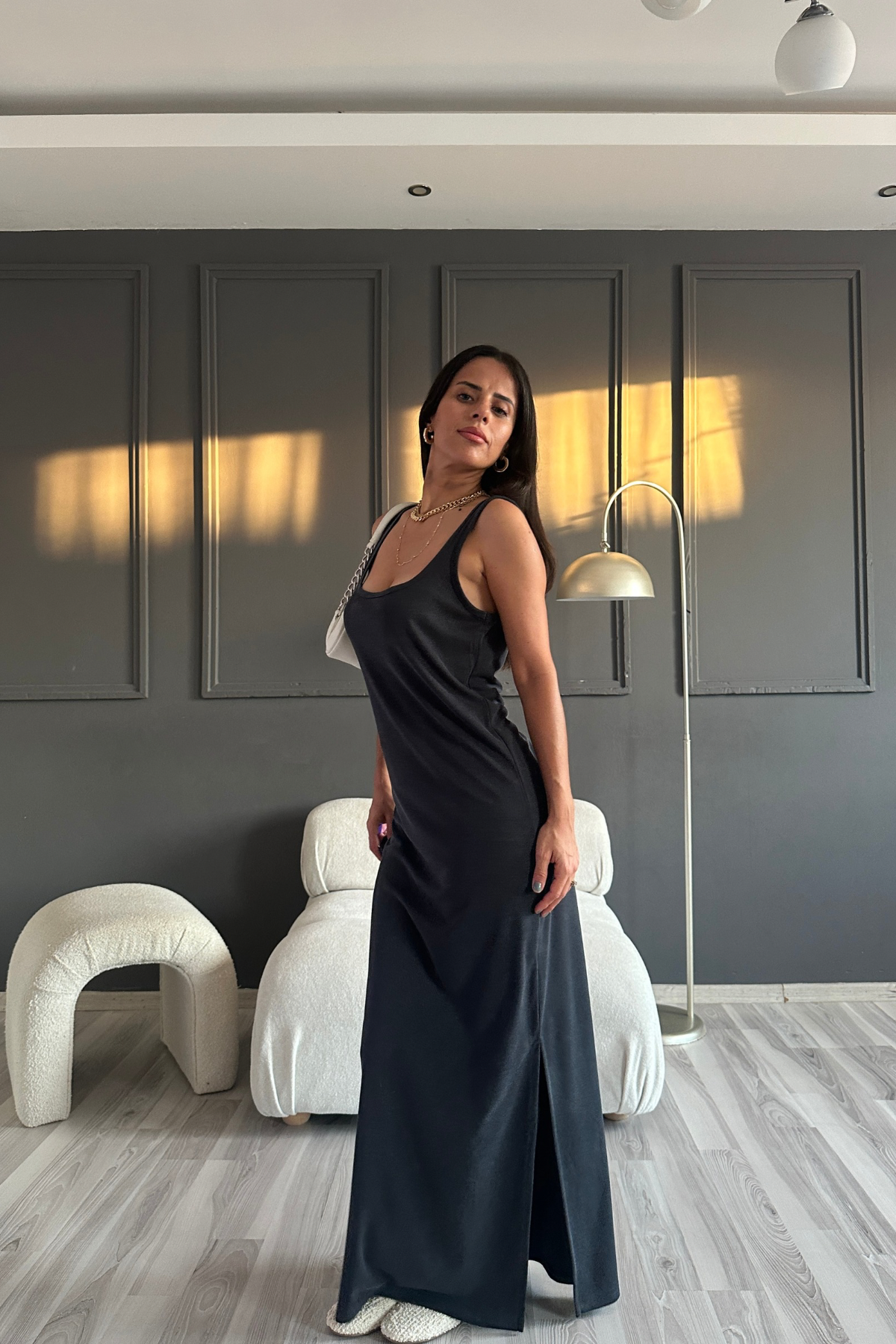 Modal Kumaş Çift Yırtmaçlı Elbise