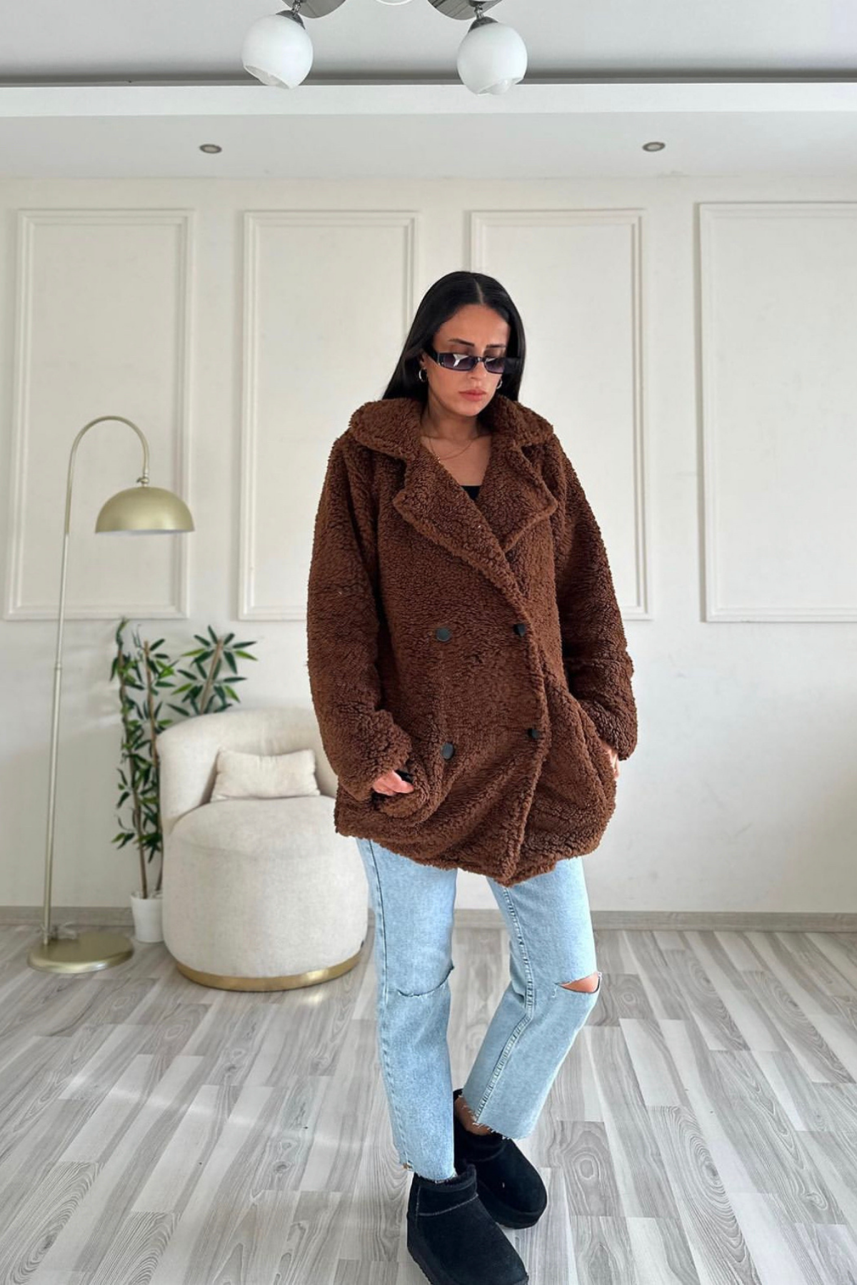 Peluş Kahve Astarlı Kaban