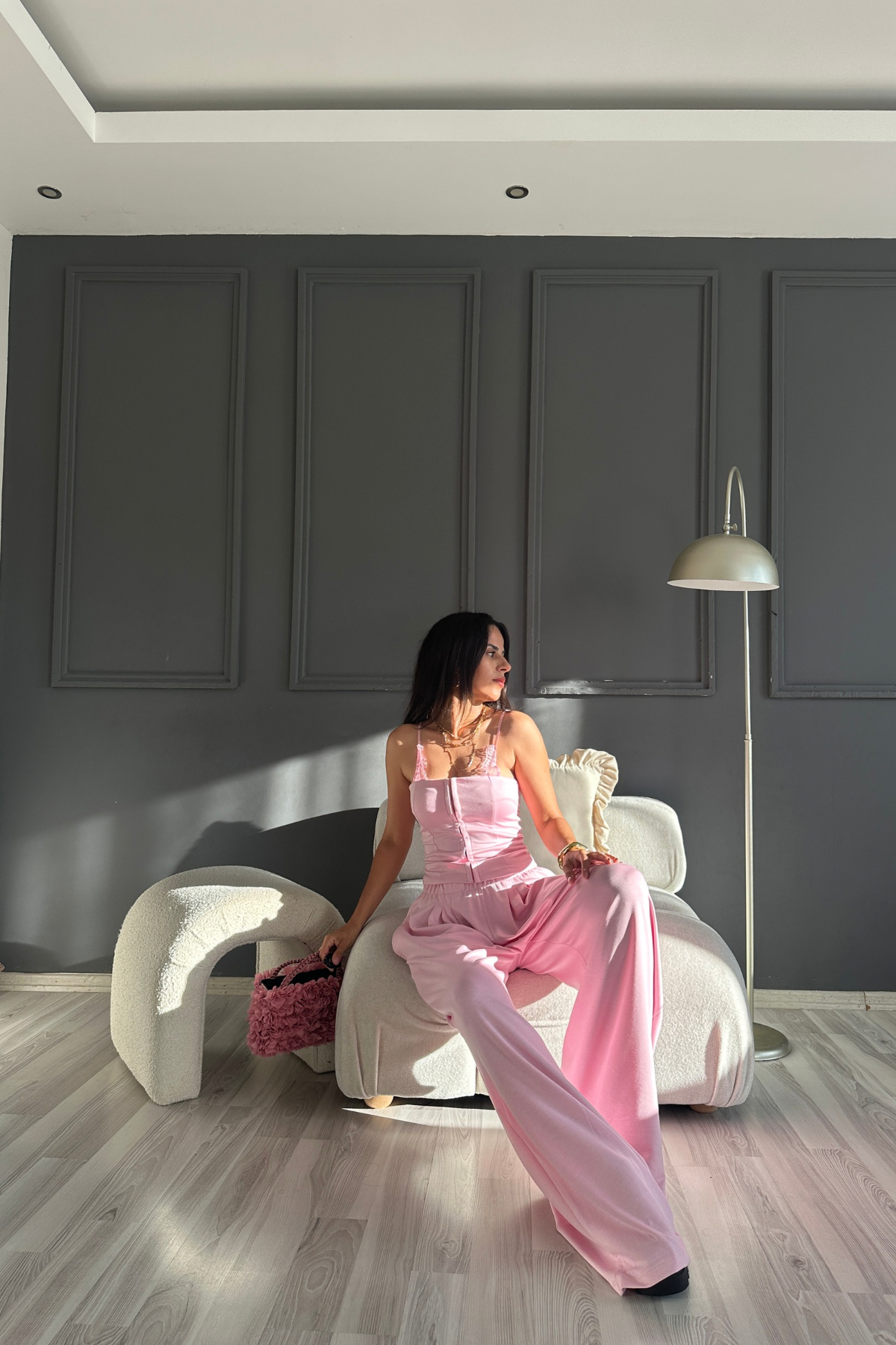 Pembe  Dantel Detaylı Askılı Modal Kumaş Takım