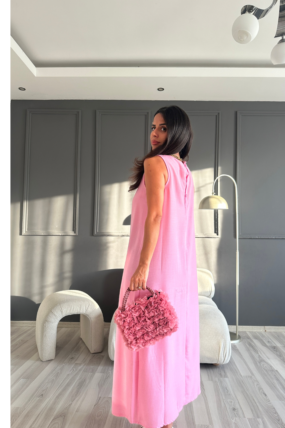 Pembe Keten Elbise