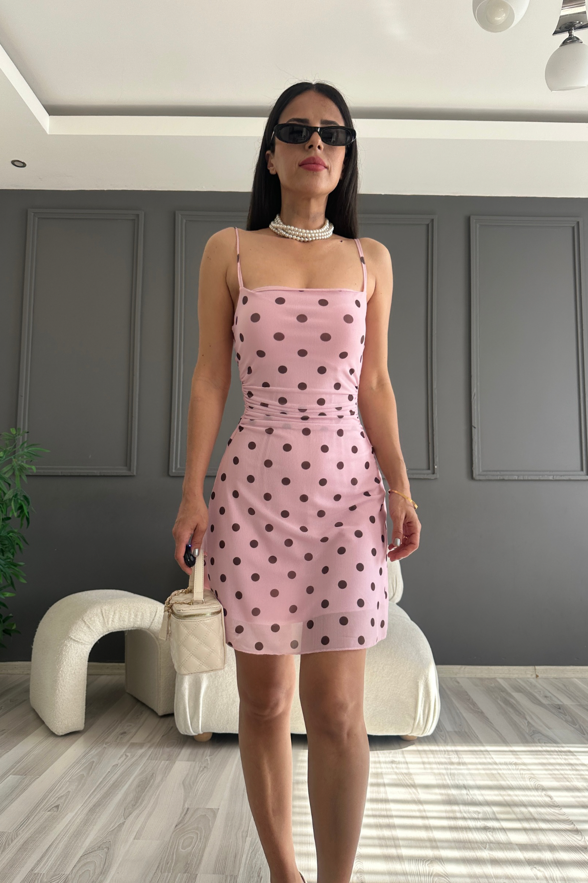 Pembe Puantiye Tül Elbise