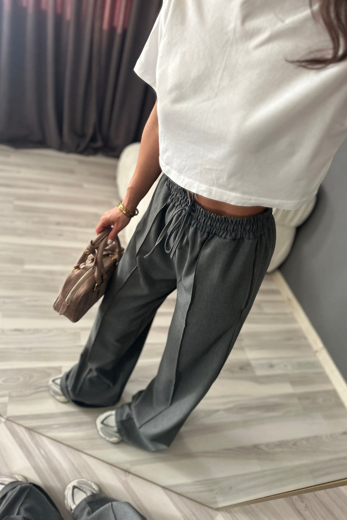Premium Kalite Gri Çımalı Bol Paça Palazzo