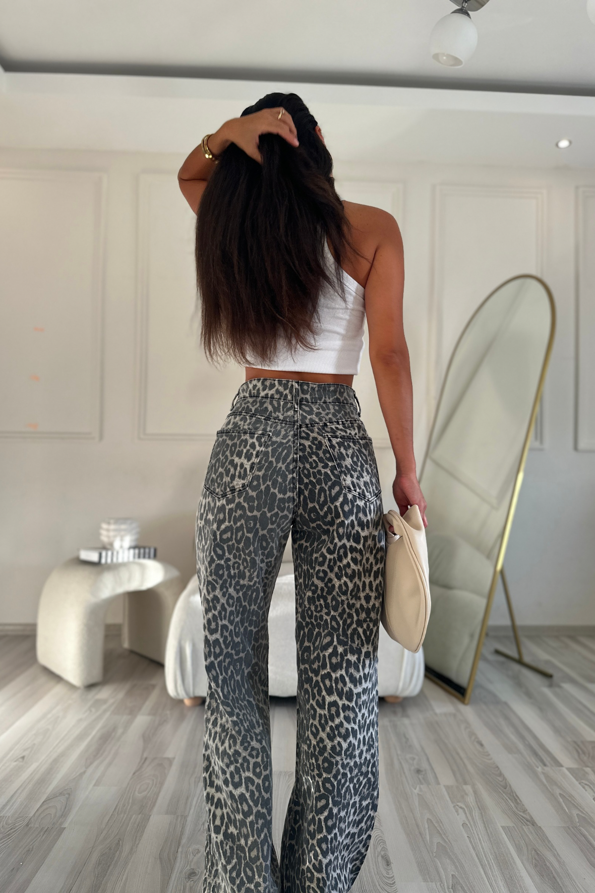 Premium Kalite Leopar Desenli Denim