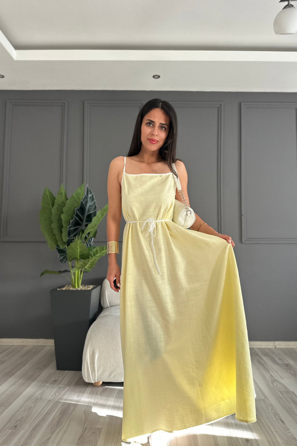 Sarı Keten Premium Elbise