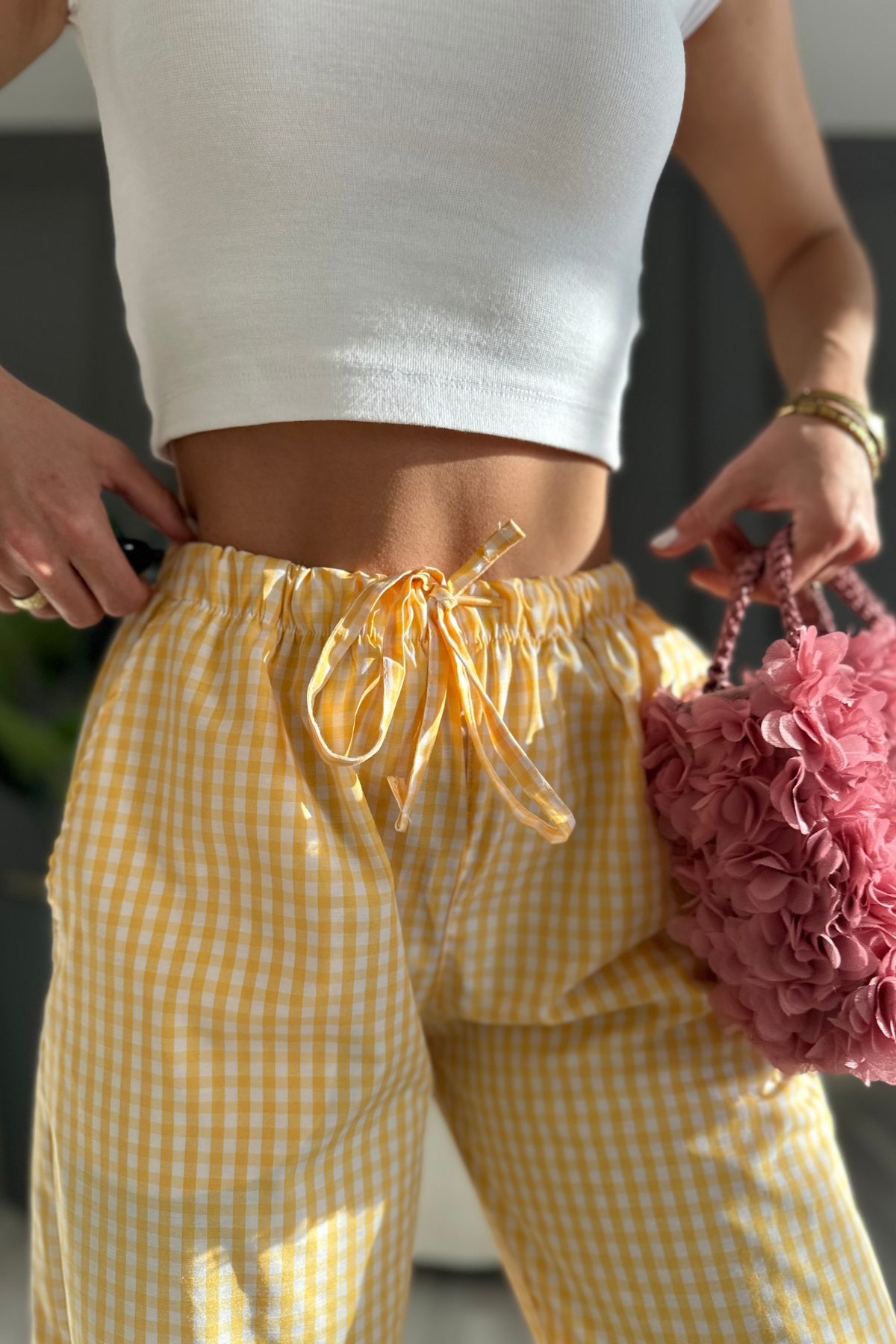 Sarı Pötikare Poplin Pantolon