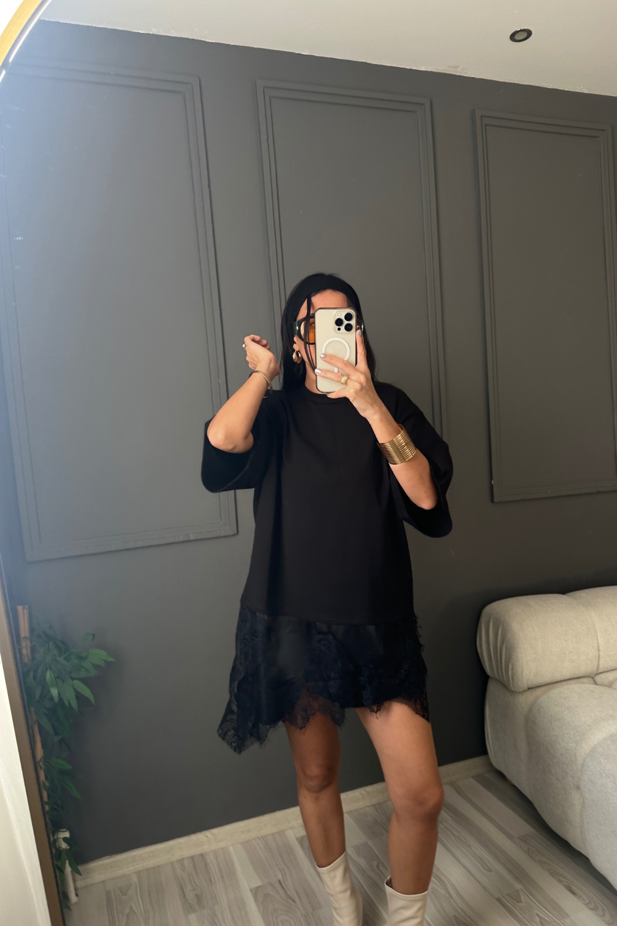 Saten Dantelli Tshirt Elbise