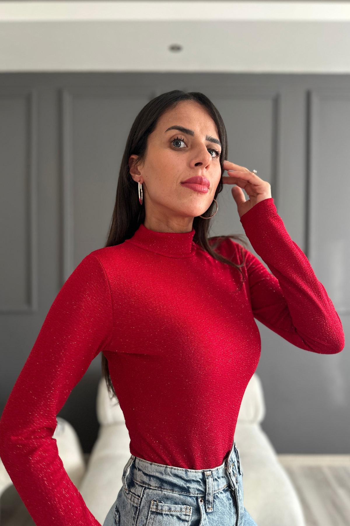 Simli Kırmızı Bodysuit