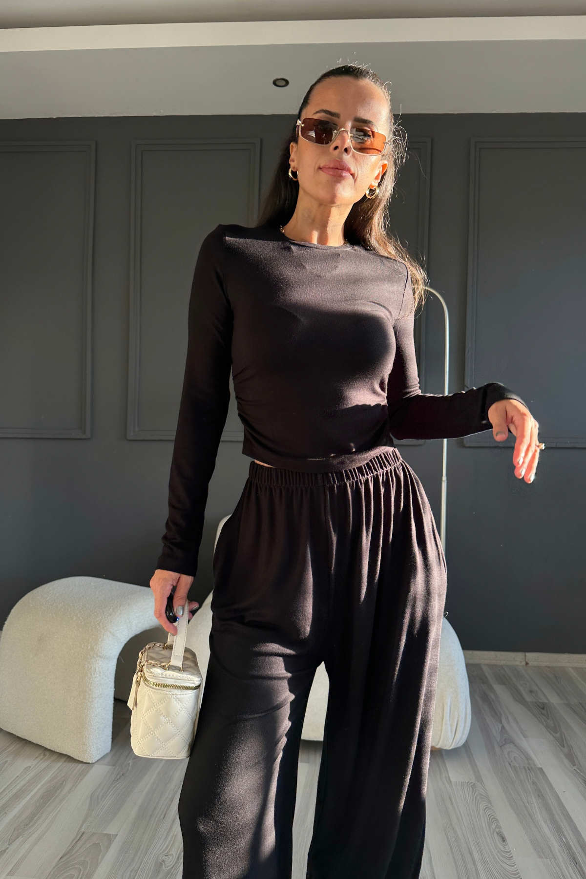 Siyah Bel Yan Lastikli Ultra Relax Balon Pantolon Takım