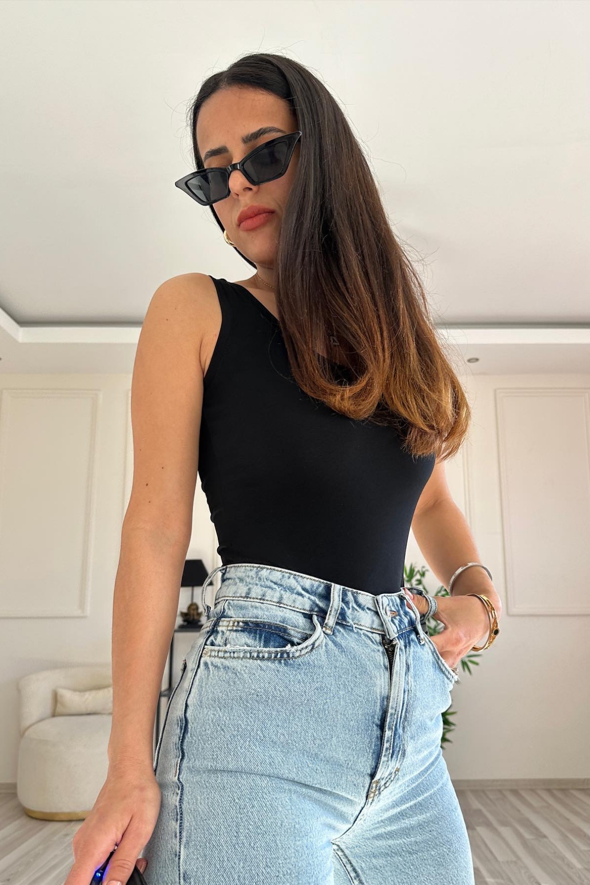 Siyah Likralı Sta Bodysuit
