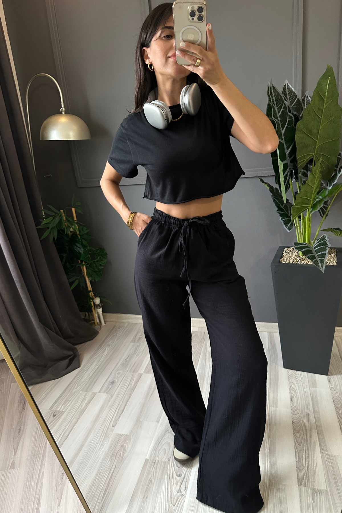 Siyah Müslin Keten Bol Paça Pantolon