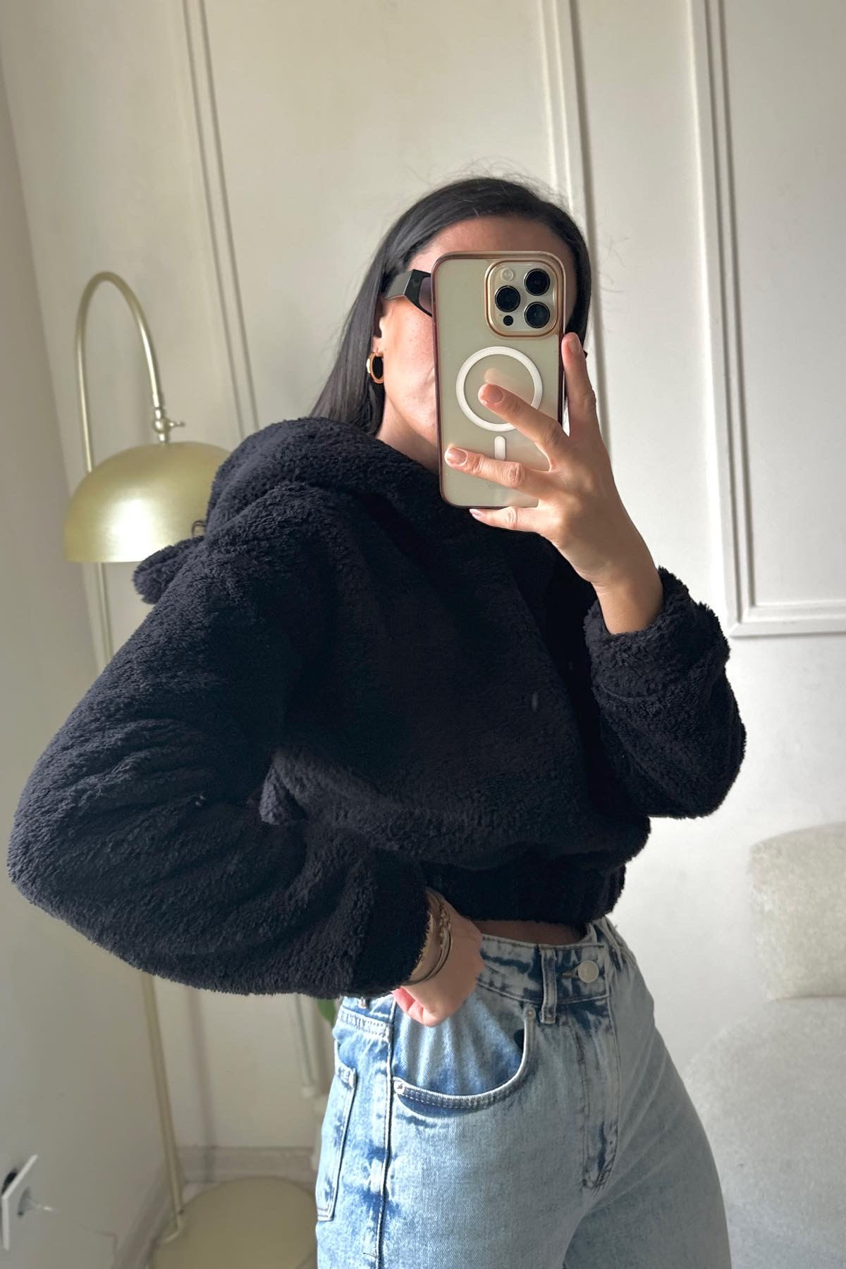Siyah Peluş Kapüşonlu Sweat