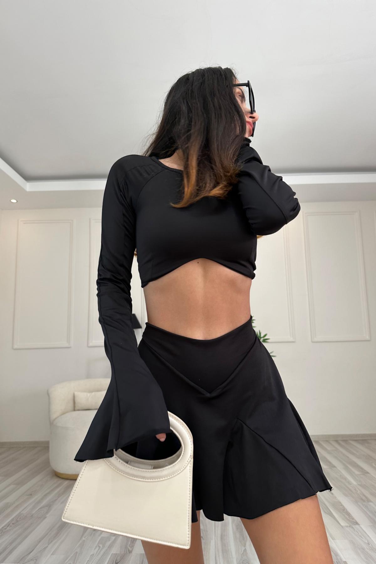 Şort Etekli Siyah Crop Takım