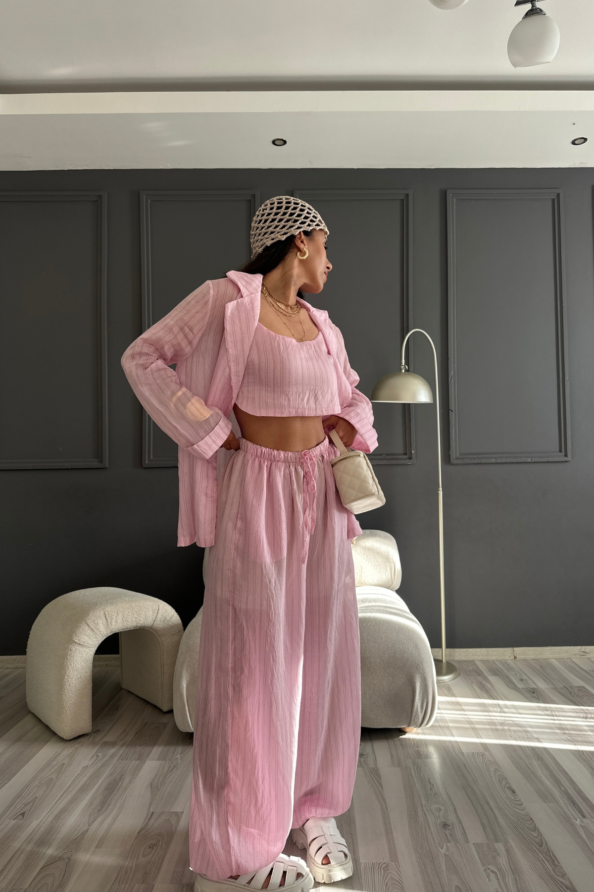 Üçlü Pembe Premium Balon Pantolon Takım
