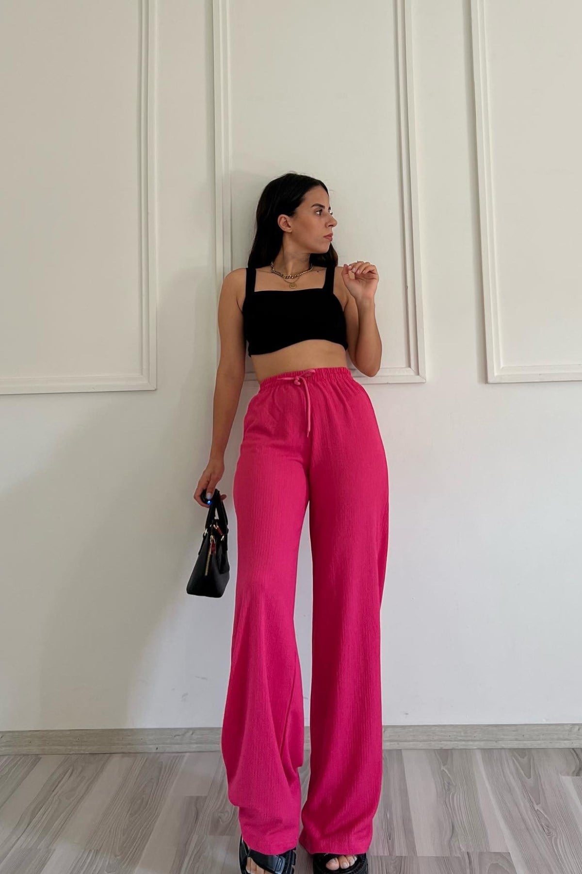 Yazlık Tiril Gofre Kumaş Pembe Pantolon