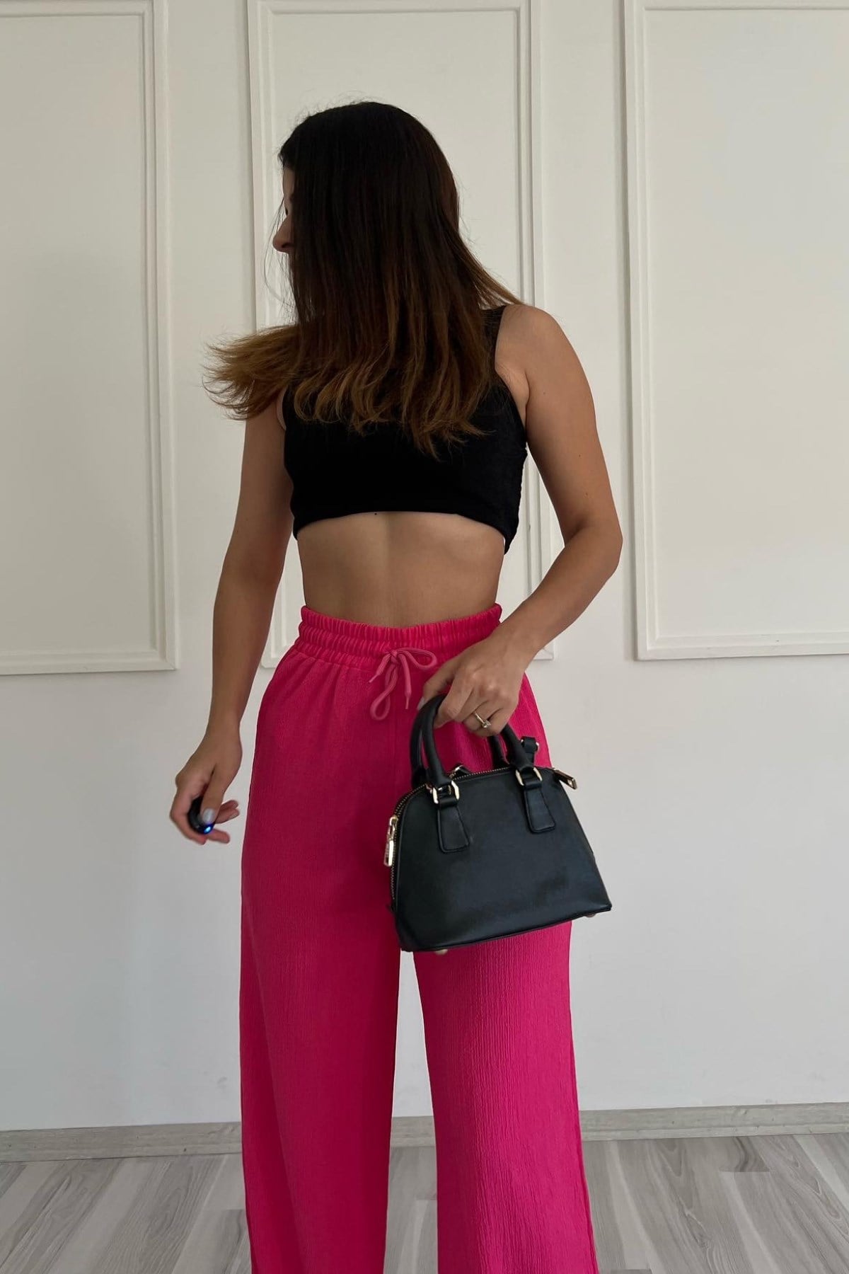 Yazlık Tiril Gofre Kumaş Pembe Pantolon