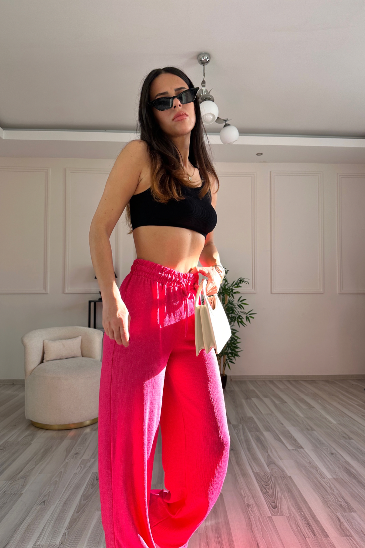 Yazlık Tiril Gofre Kumaş Pembe Pantolon