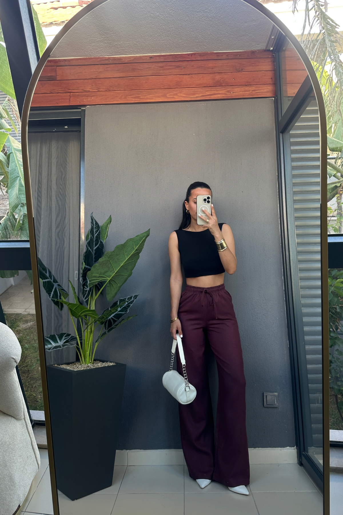 Yıkamalı Bordo Keten Pantolon