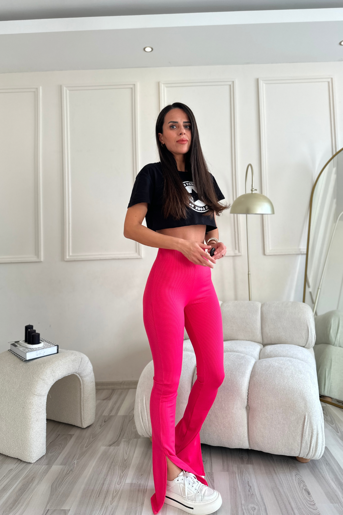 Yırtmaçlı Fitilli Pembe Pantolon 