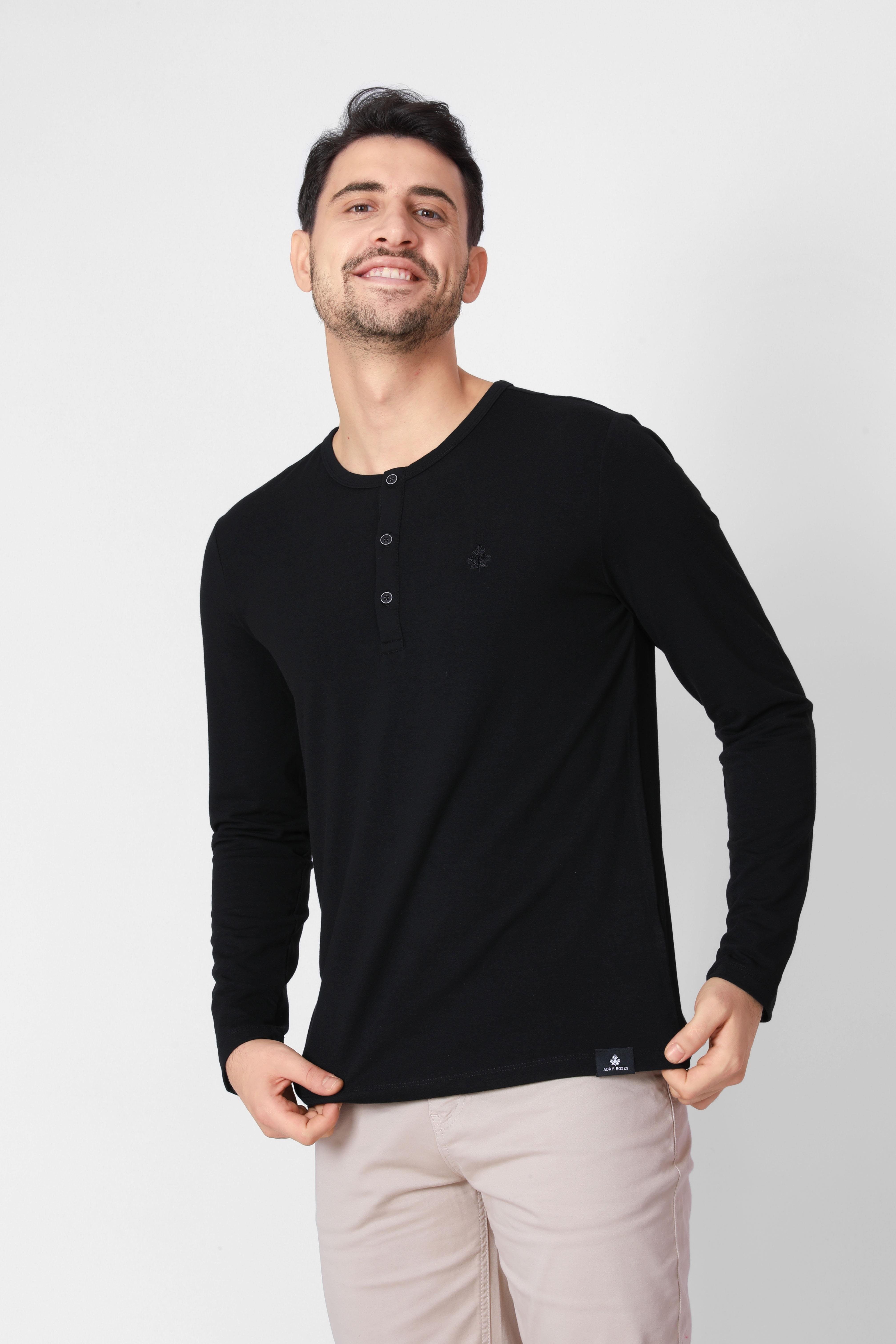 ADAM BOXESADAM BOXES Düğmeli Bisiklet Yaka Uzun Kollu T-shirt NP-Collargo - Siyah