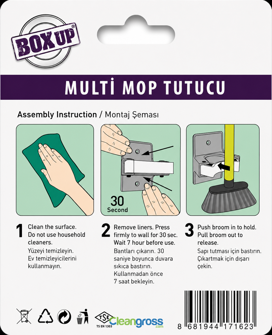 Boxup 1 Adet Paspas Süpürge Fırça ve Mop Askısı Sap Tutucu Banyo Askı Yapışkanlı Multi Mop Tutucu