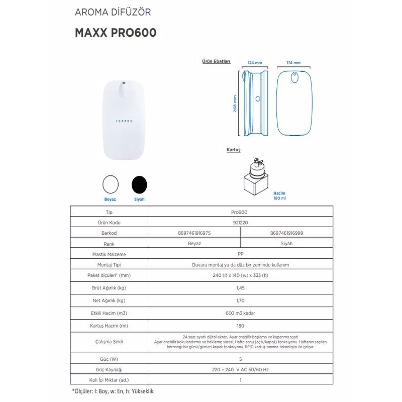 Carpex Maxx Pro600 Koku Makinesi Siyah Geniş Alan Koku Difüzörü