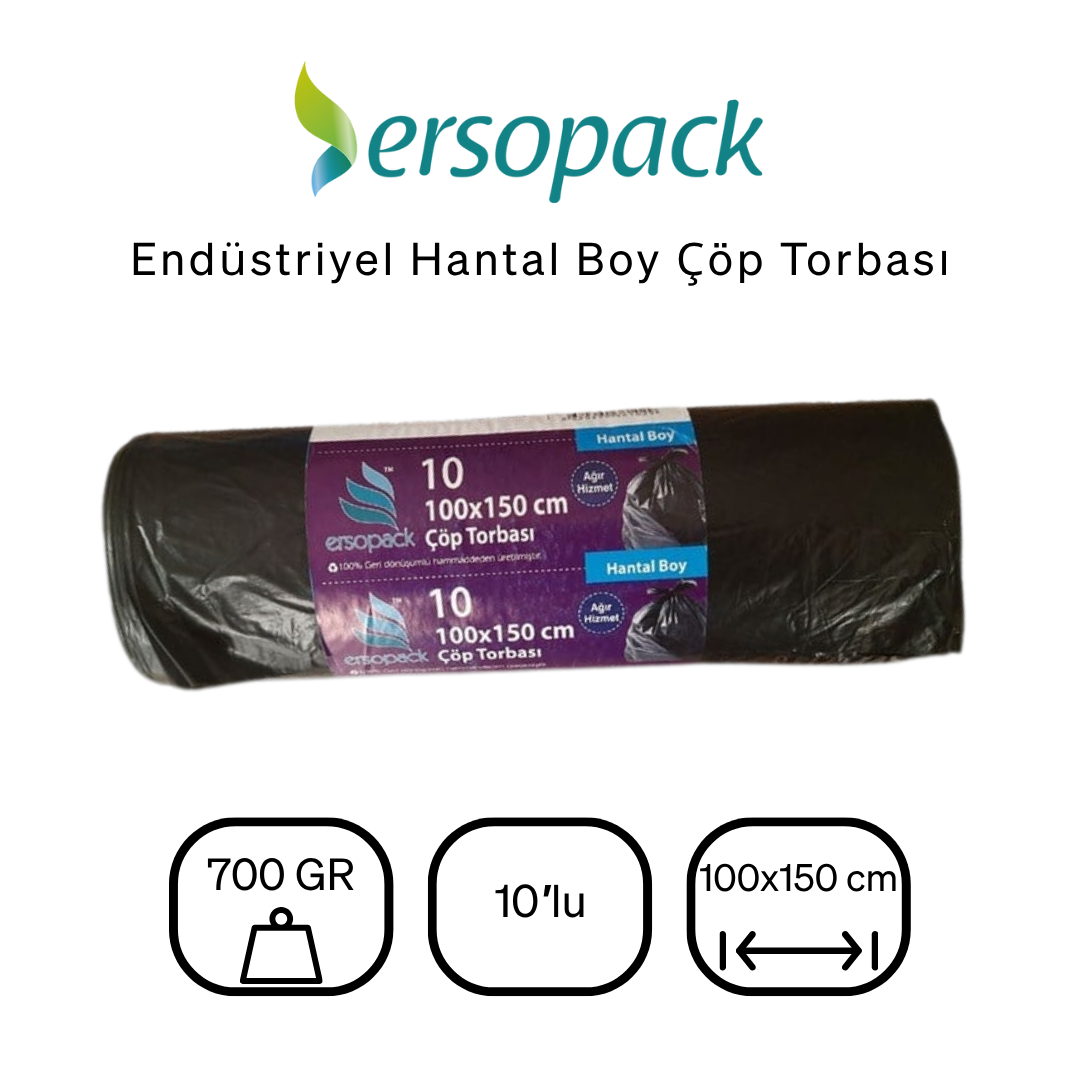 Ersopack Endüstriyel Hantal Boy 100x150 cm Çöp Torbası 2 Rulo