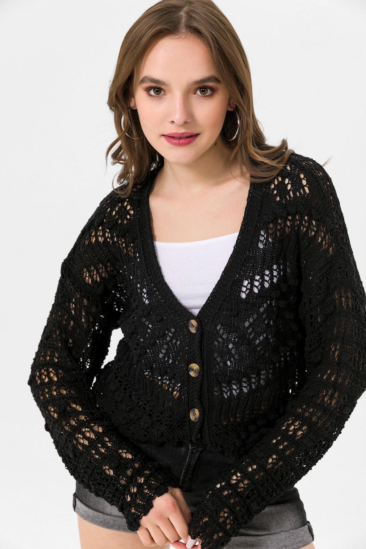 Kadın Ajurlu Crop Triko Hırka 235226 -