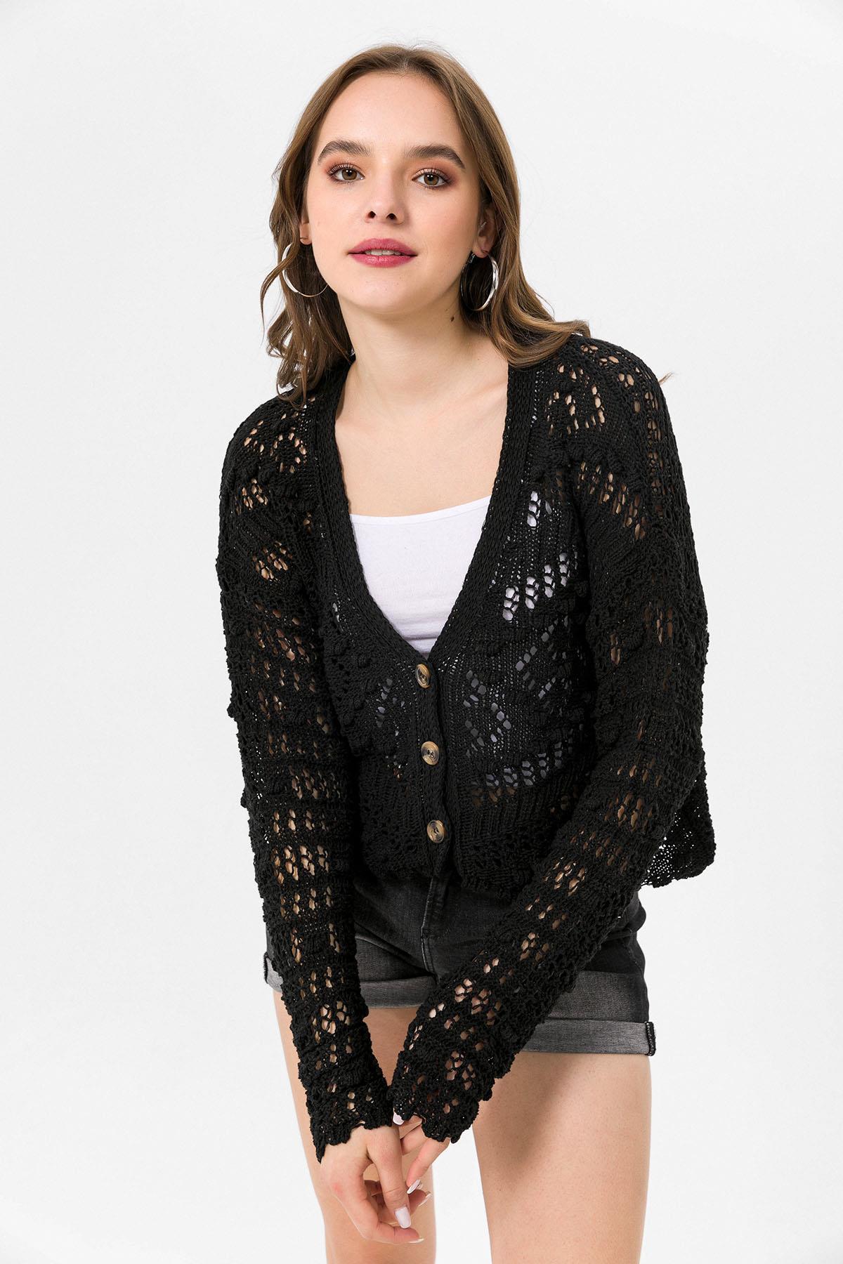 Kadın Ajurlu Crop Triko Hırka 235226 -