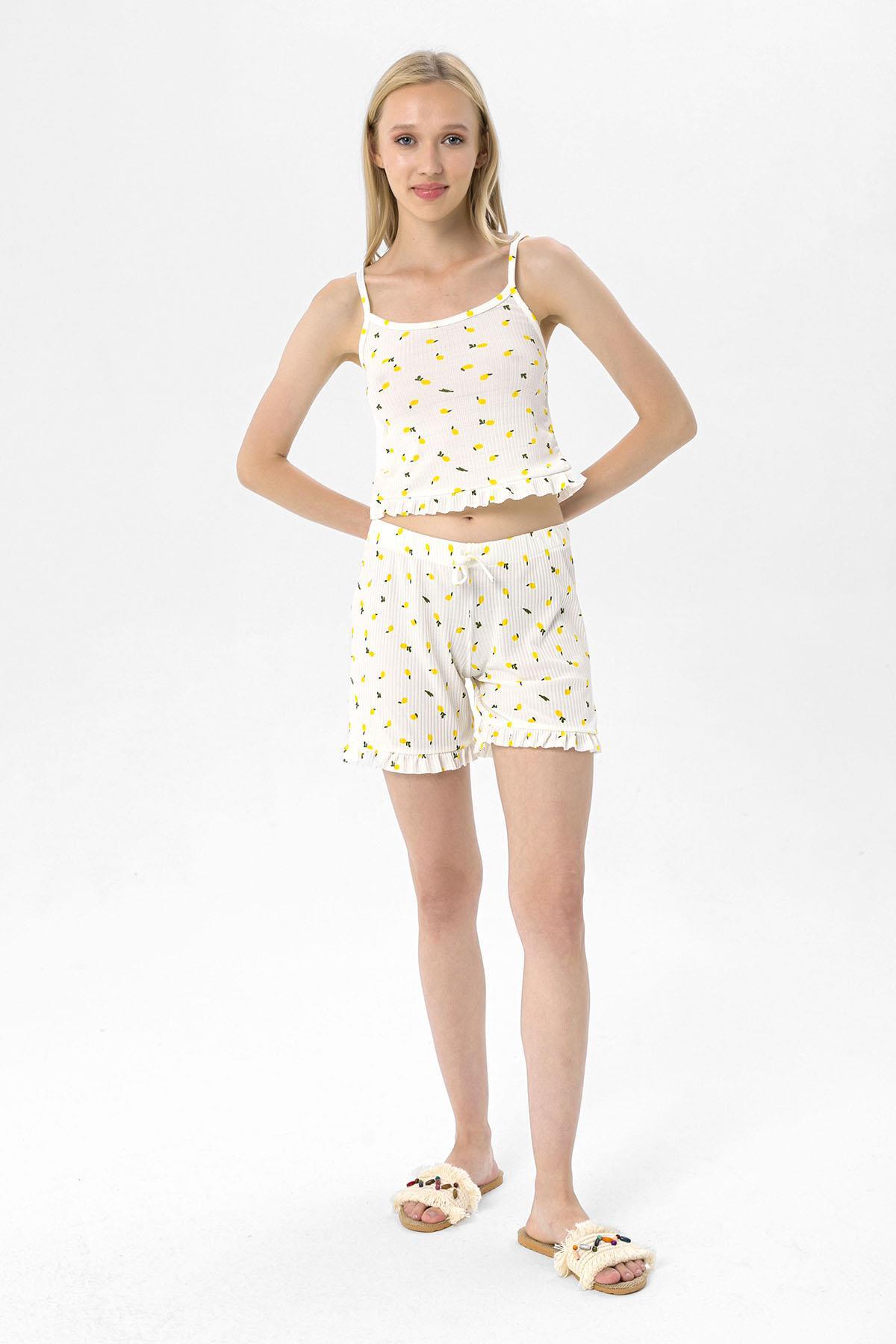 Kadın Askılı Fırfır Detaylı Kaşkorse Pijama Takım