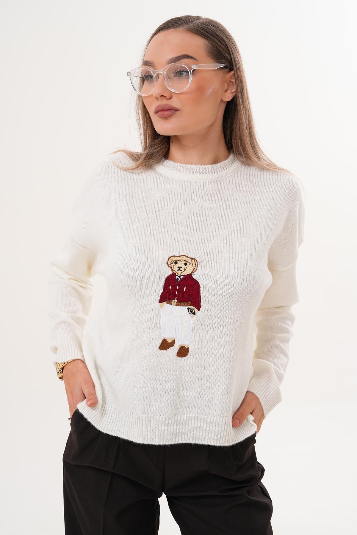 Kadın Ayıcık Nakışlı Şardonlu Triko Örme Kazak 255192 -