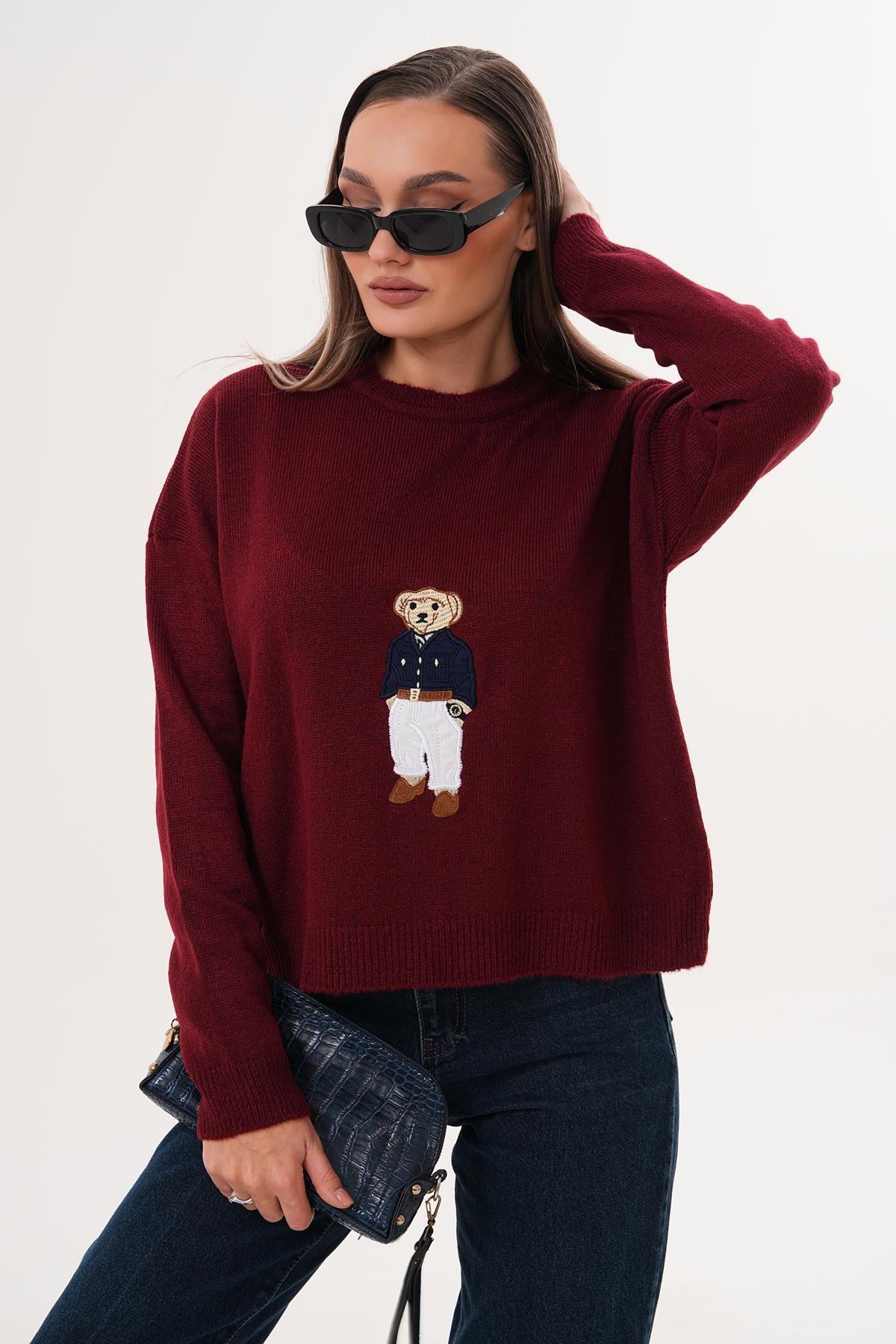 Kadın Ayıcık Nakışlı Şardonlu Triko Örme Kazak 255192 -