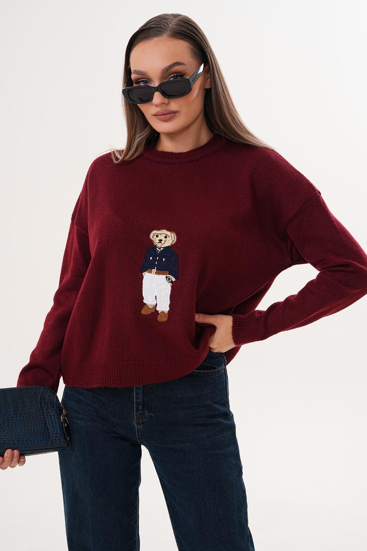 Kadın Ayıcık Nakışlı Şardonlu Triko Örme Kazak 255192 -