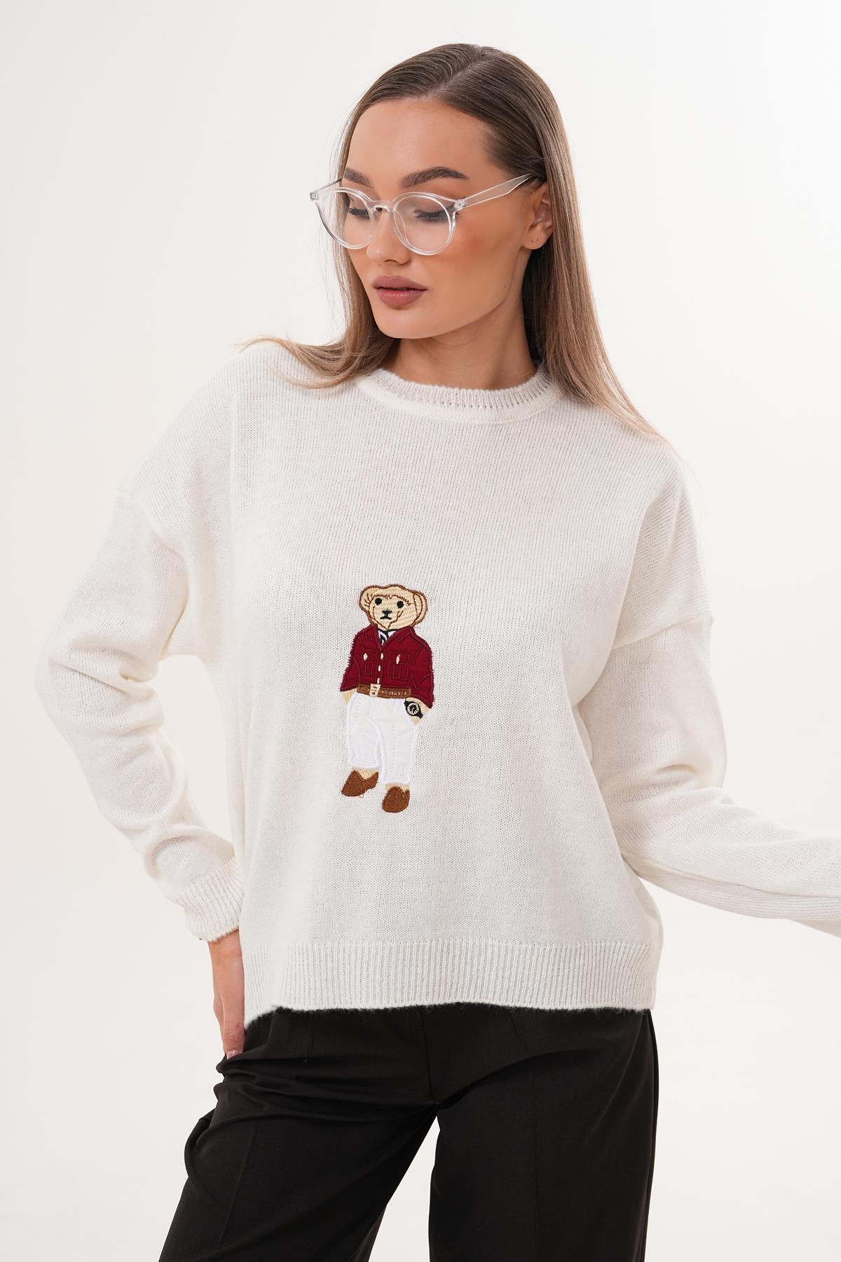 Kadın Ayıcık Nakışlı Şardonlu Triko Örme Kazak 255192 -