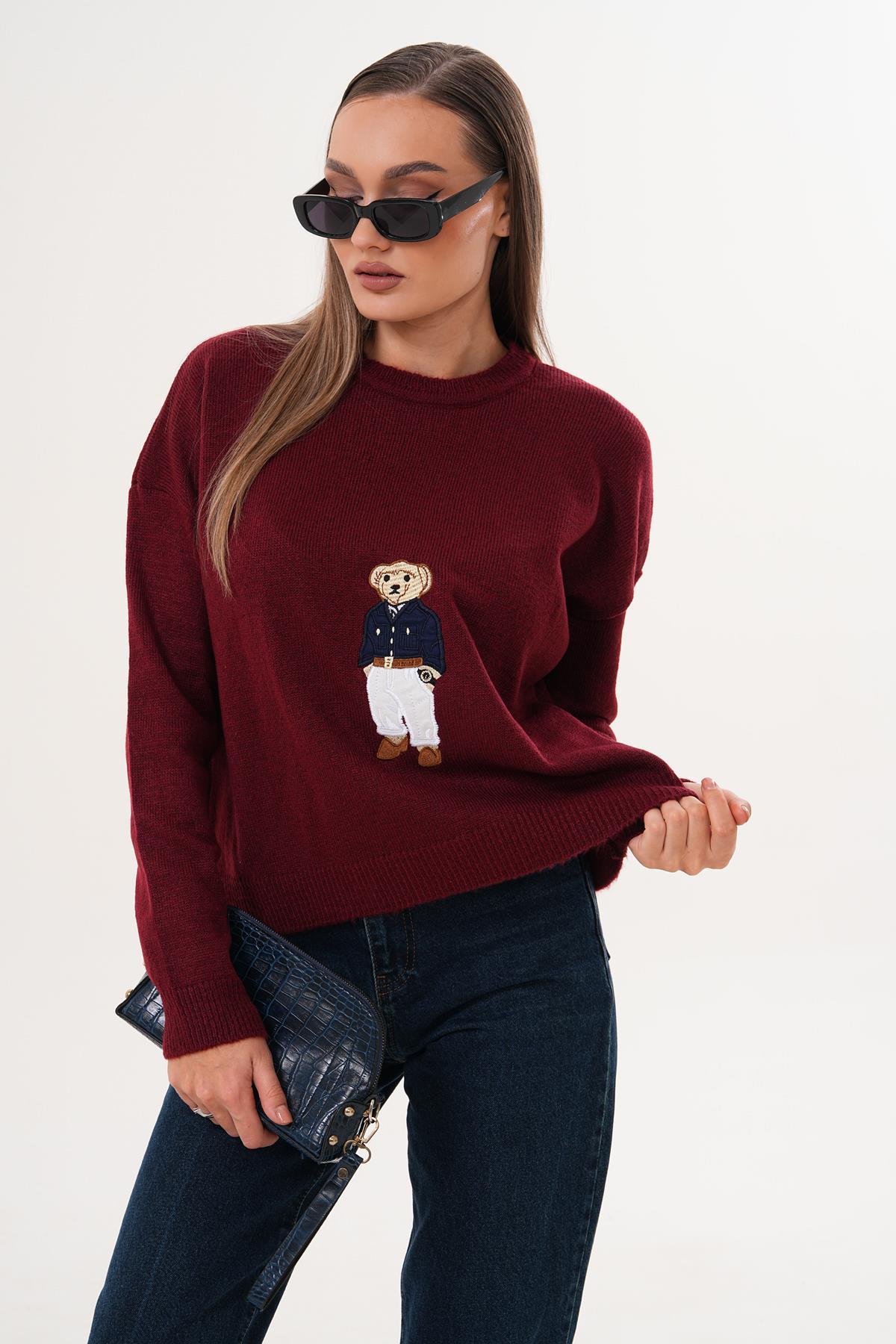 Kadın Ayıcık Nakışlı Şardonlu Triko Örme Kazak 255192 -