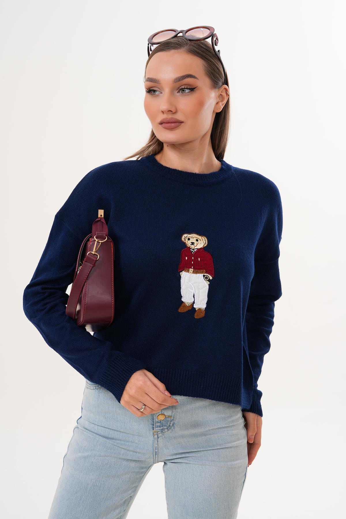 Kadın Ayıcık Nakışlı Şardonlu Triko Örme Kazak 255192 -