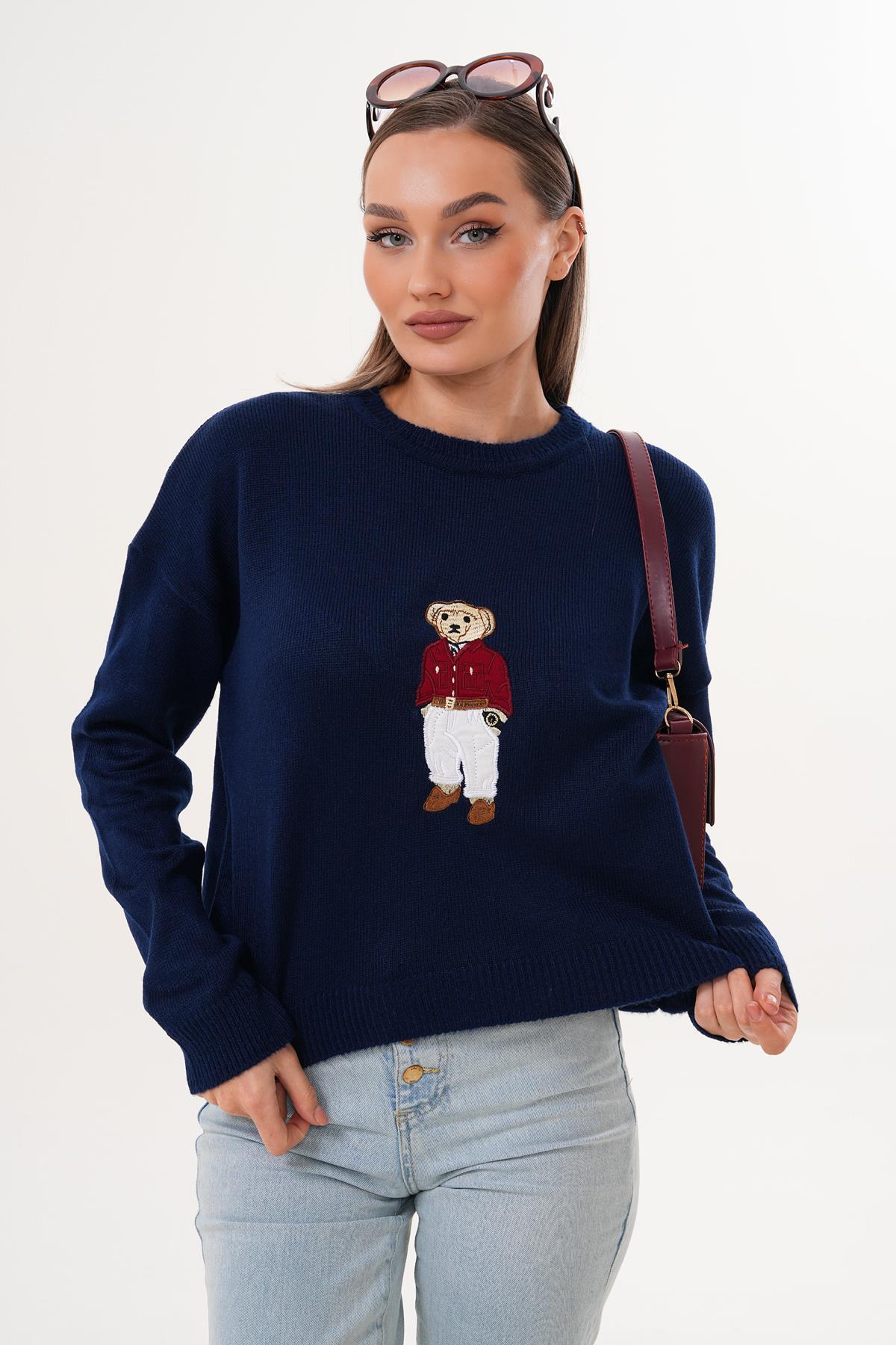 Kadın Ayıcık Nakışlı Şardonlu Triko Örme Kazak 255192 -