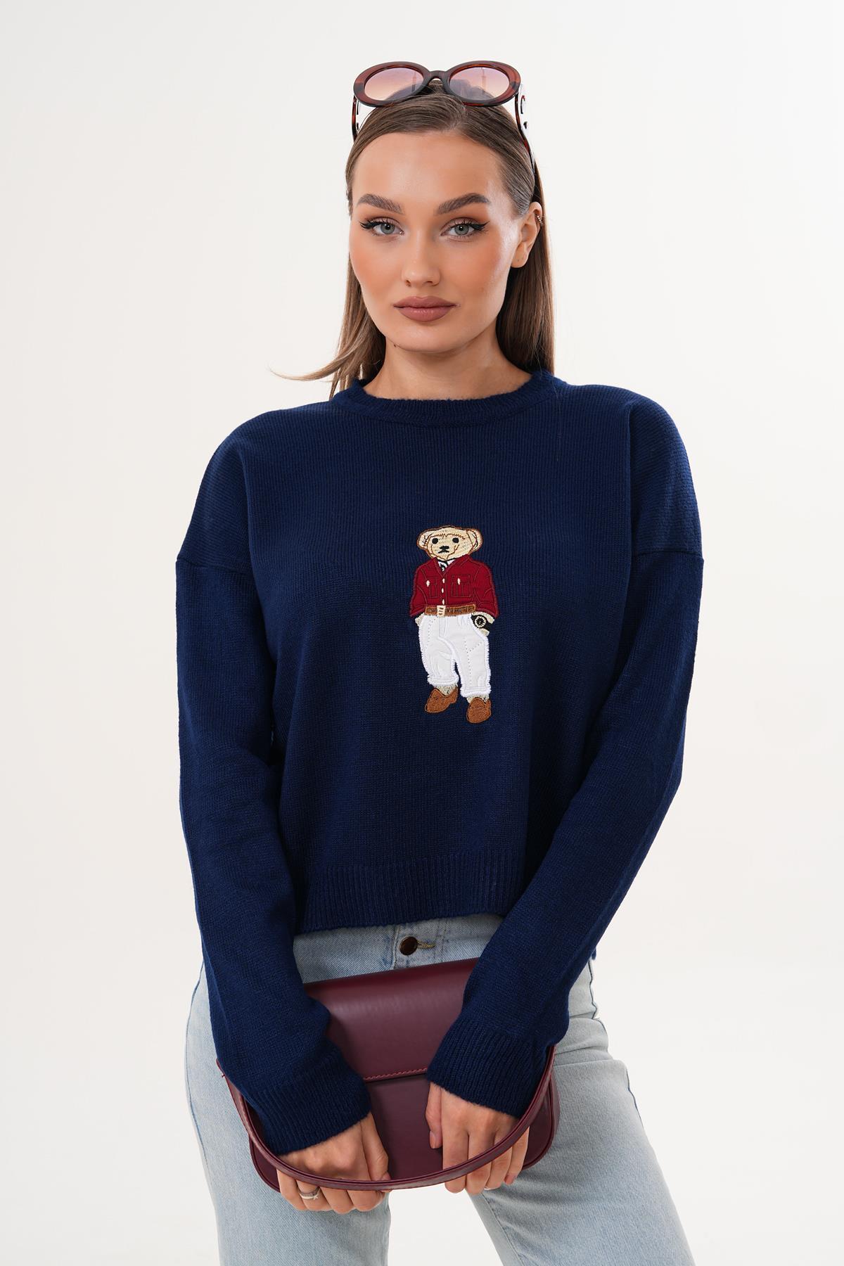 Kadın Ayıcık Nakışlı Şardonlu Triko Örme Kazak 255192 -