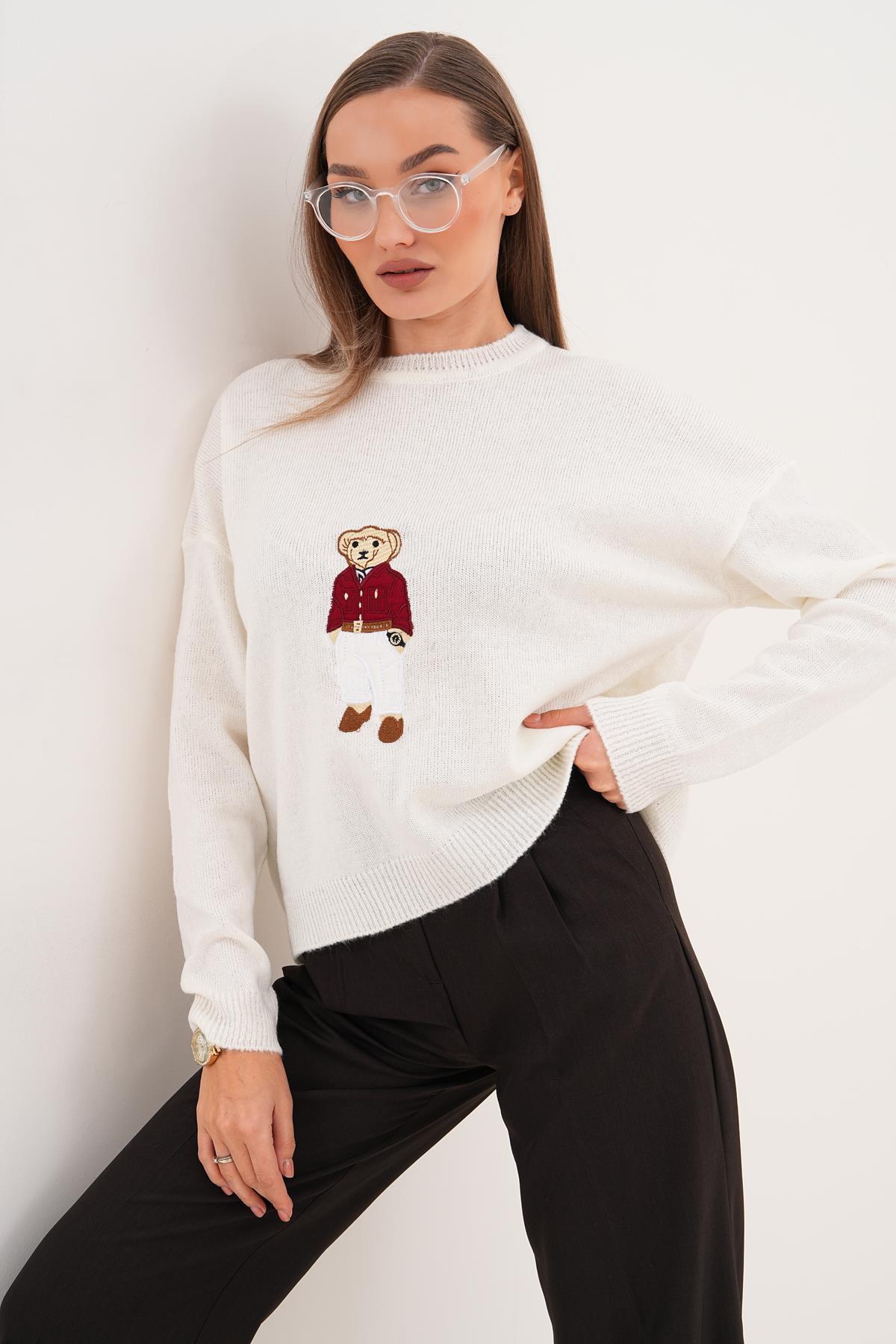 Kadın Ayıcık Nakışlı Şardonlu Triko Örme Kazak 255192 -