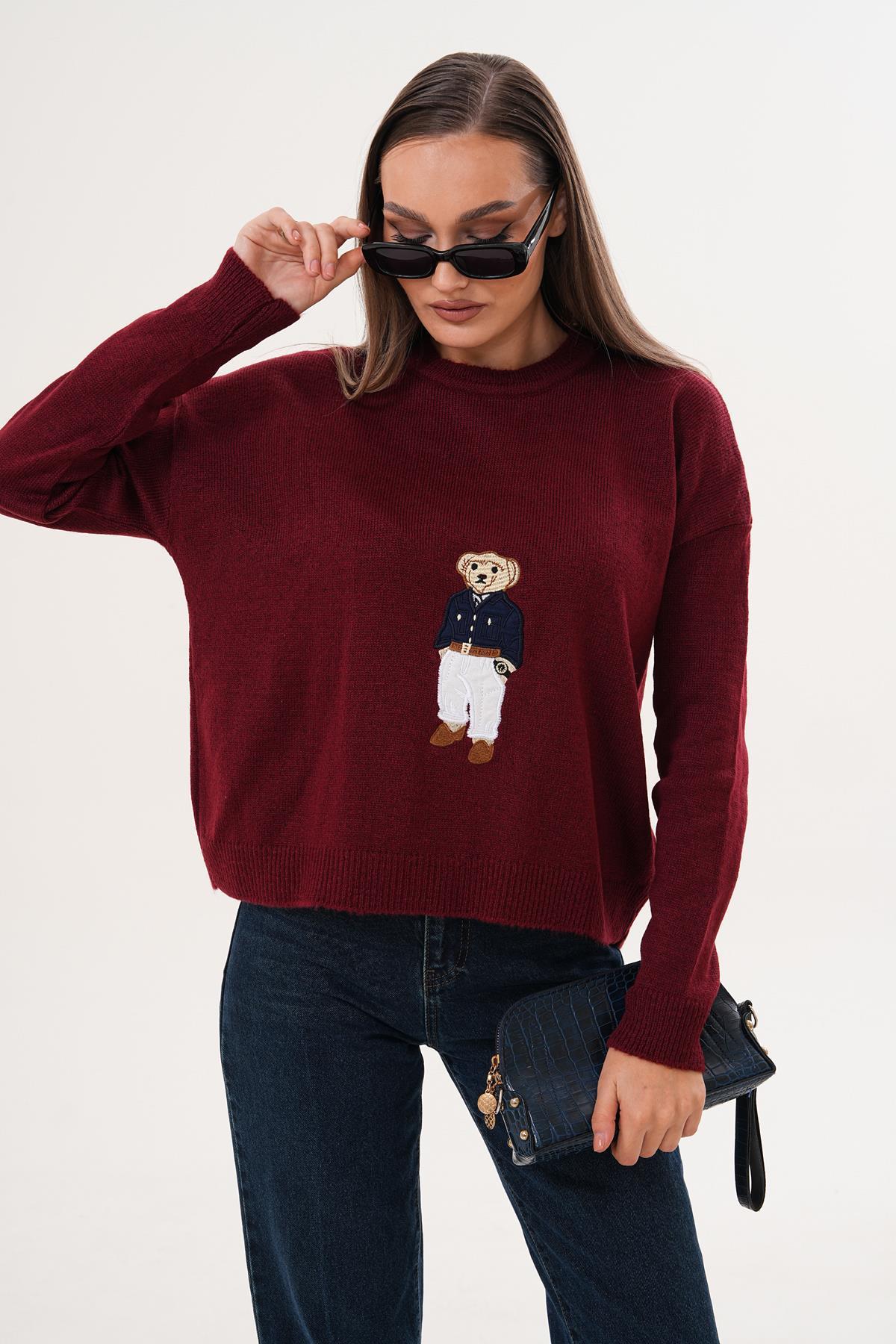 Kadın Ayıcık Nakışlı Şardonlu Triko Örme Kazak 255192 -