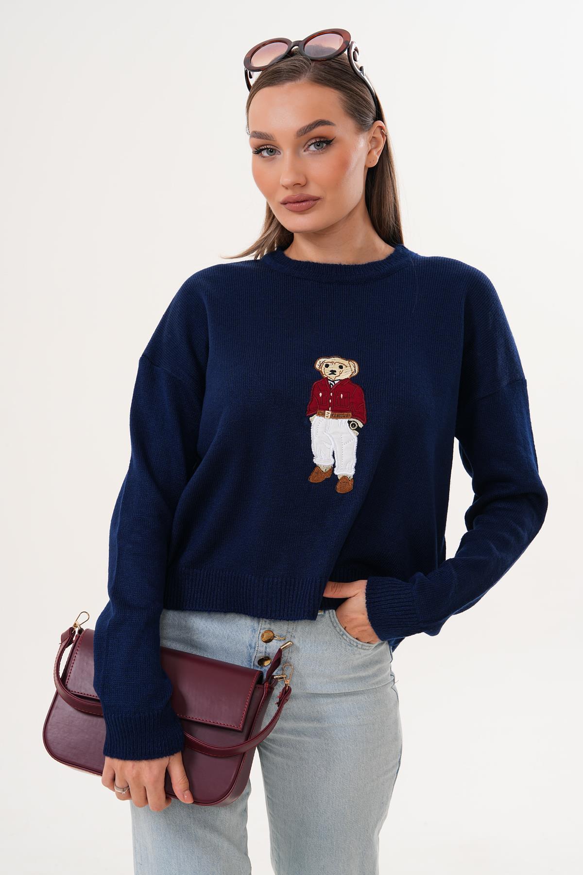 Kadın Ayıcık Nakışlı Şardonlu Triko Örme Kazak 255192 -