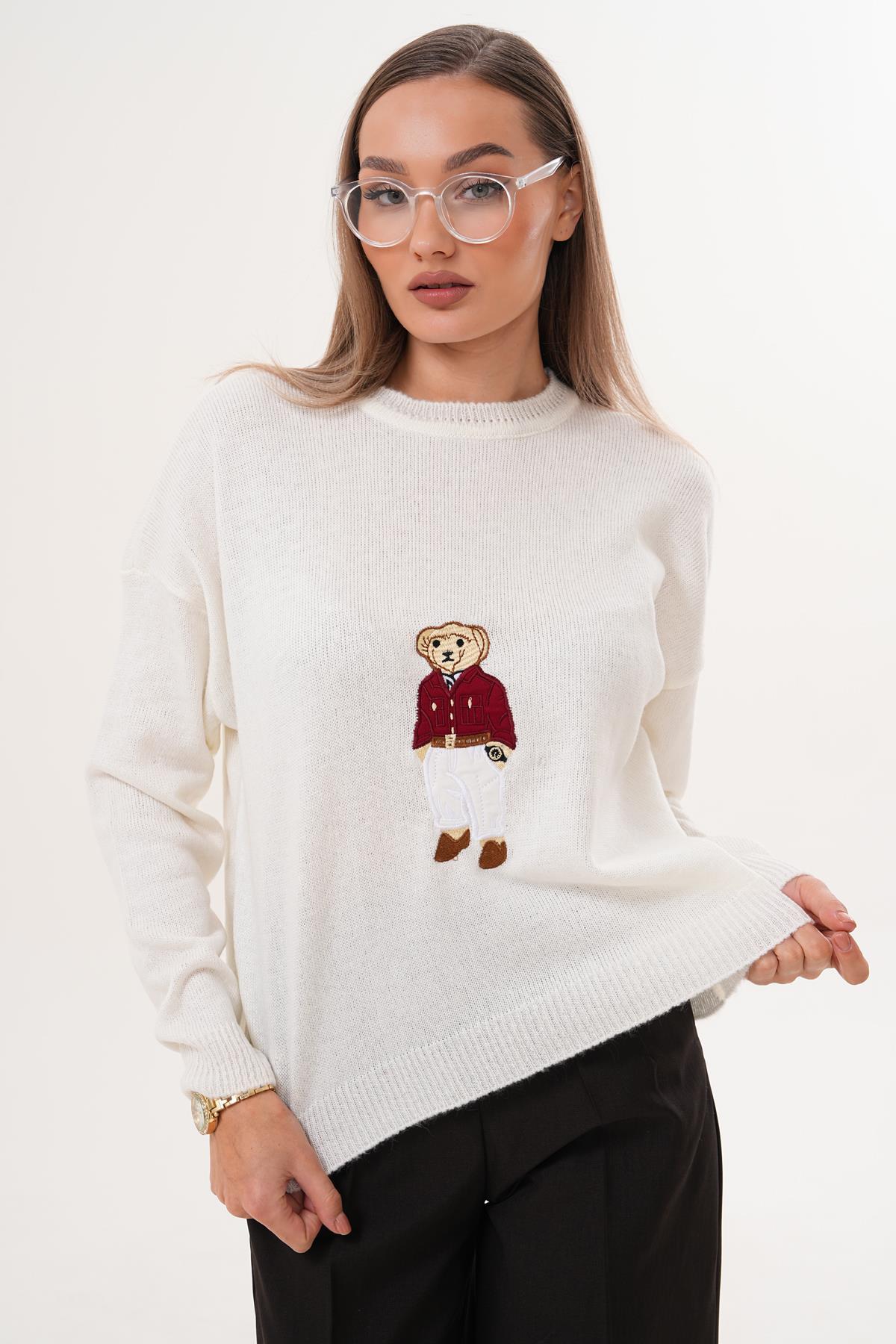 Kadın Ayıcık Nakışlı Şardonlu Triko Örme Kazak 255192 -