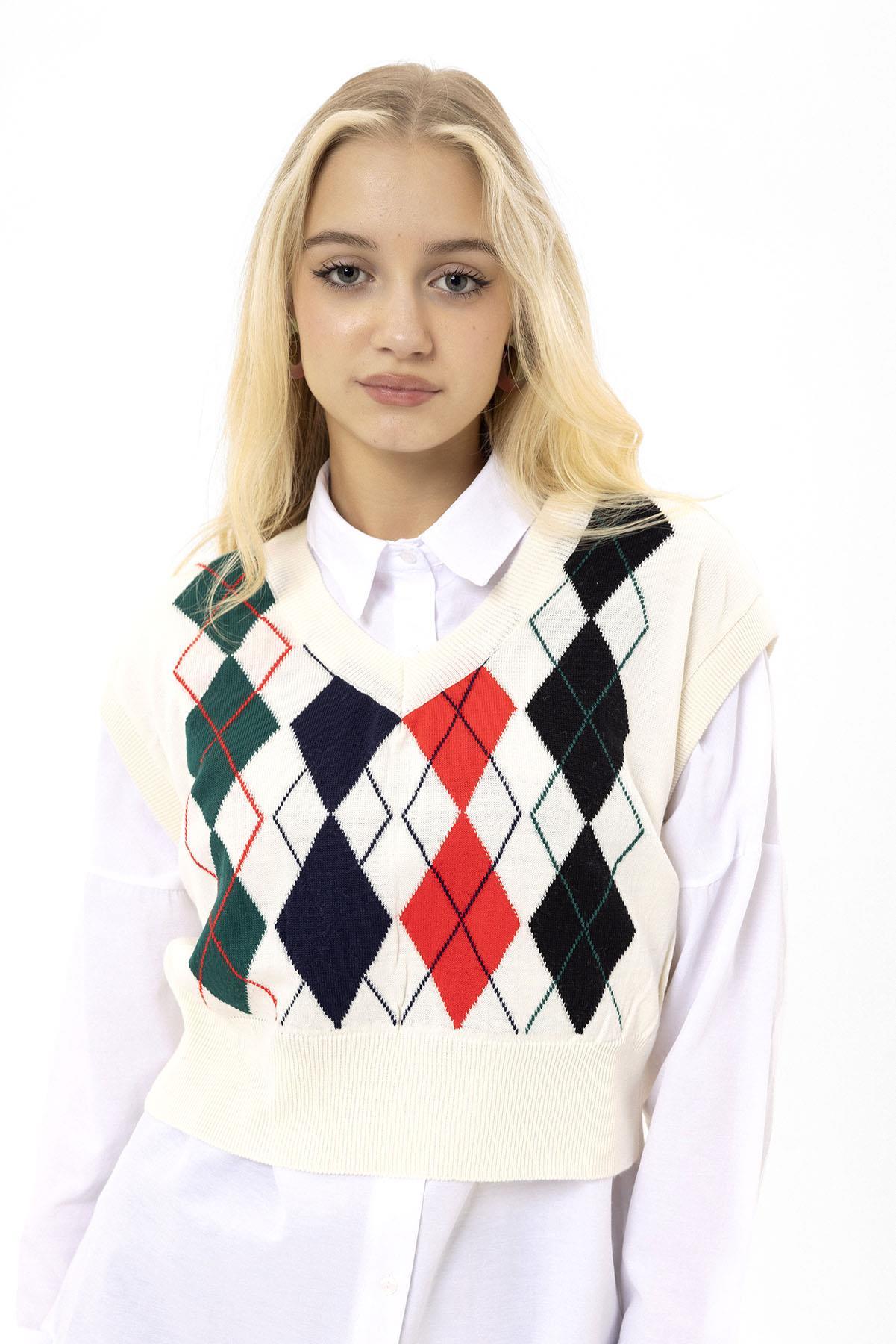 Kadın Baklava Desenli Triko Örme Süveter