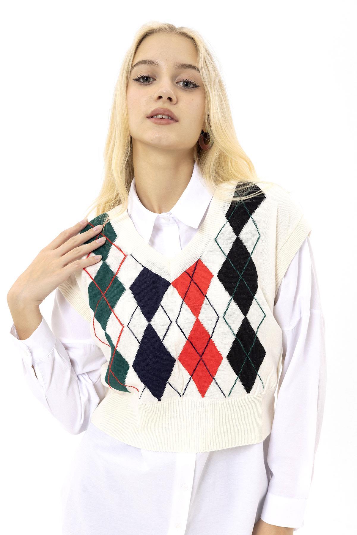 Kadın Baklava Desenli Triko Örme Süveter