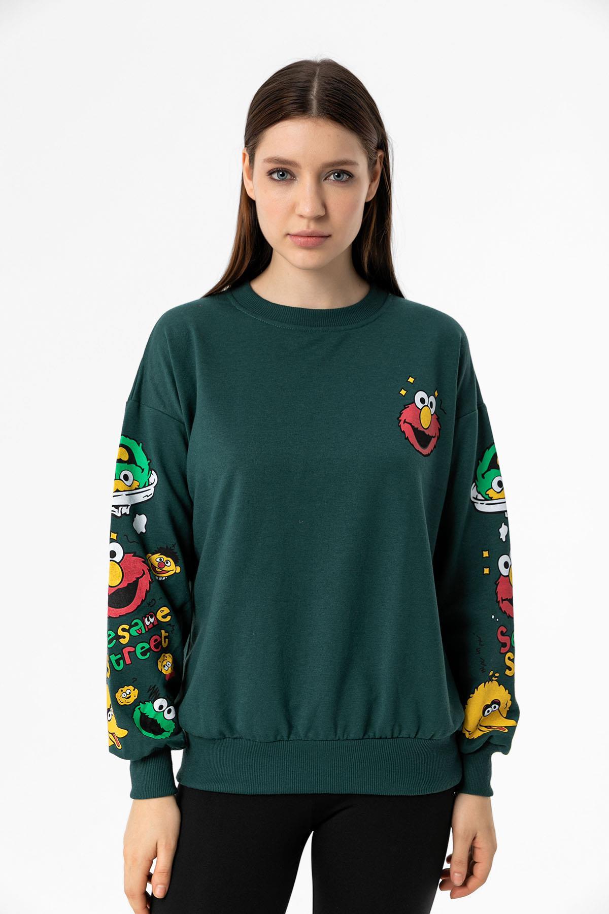 Kadın Baskı Detaylı Bisiklet Yaka Oversize Sweatshirt 245222 -