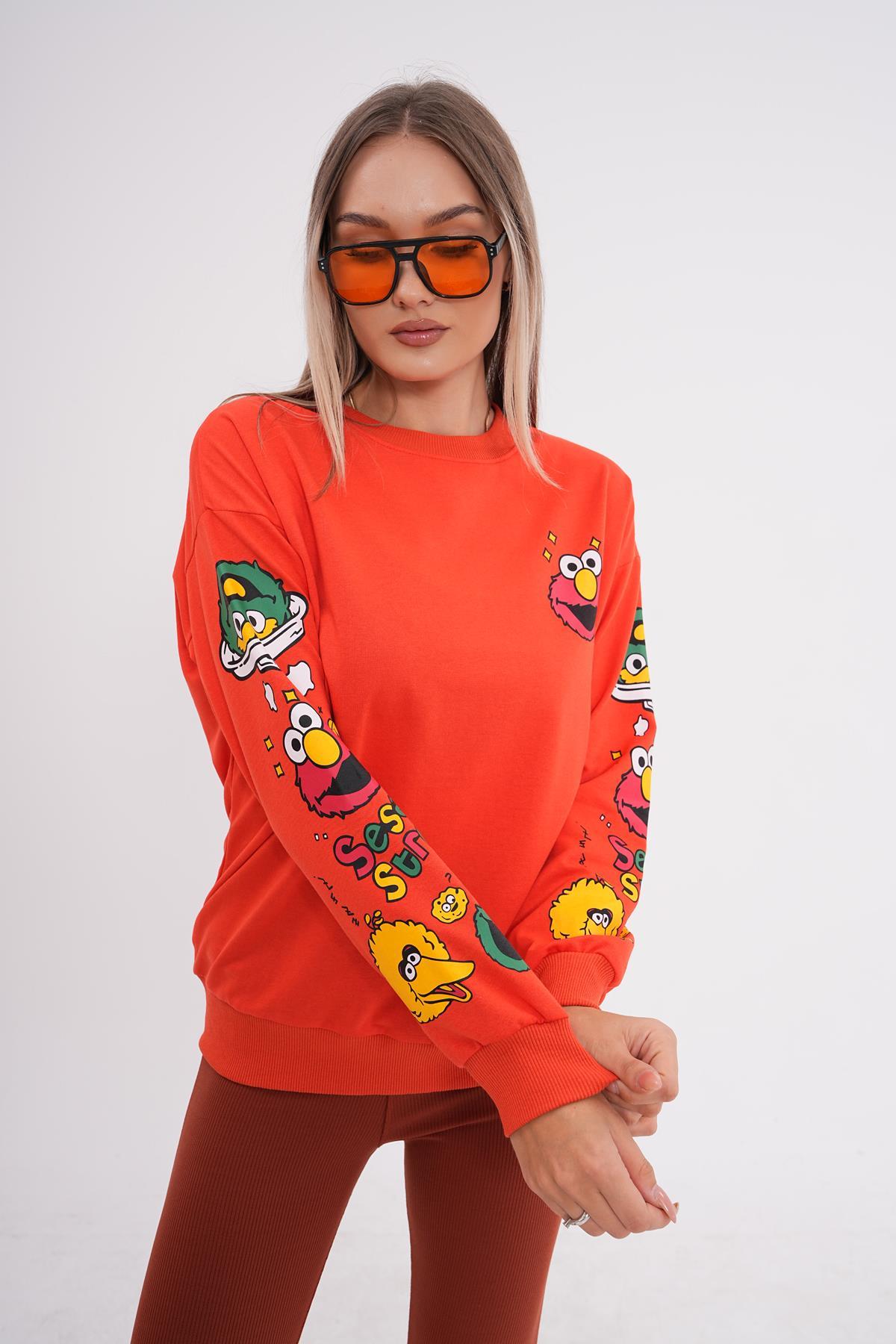 Kadın Baskı Detaylı Bisiklet Yaka Oversize Sweatshirt 245222 -