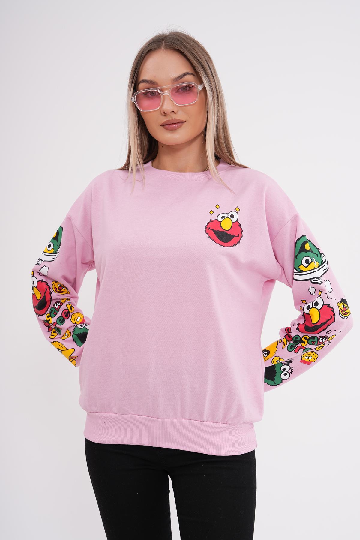 Kadın Baskı Detaylı Bisiklet Yaka Oversize Sweatshirt 245222 -