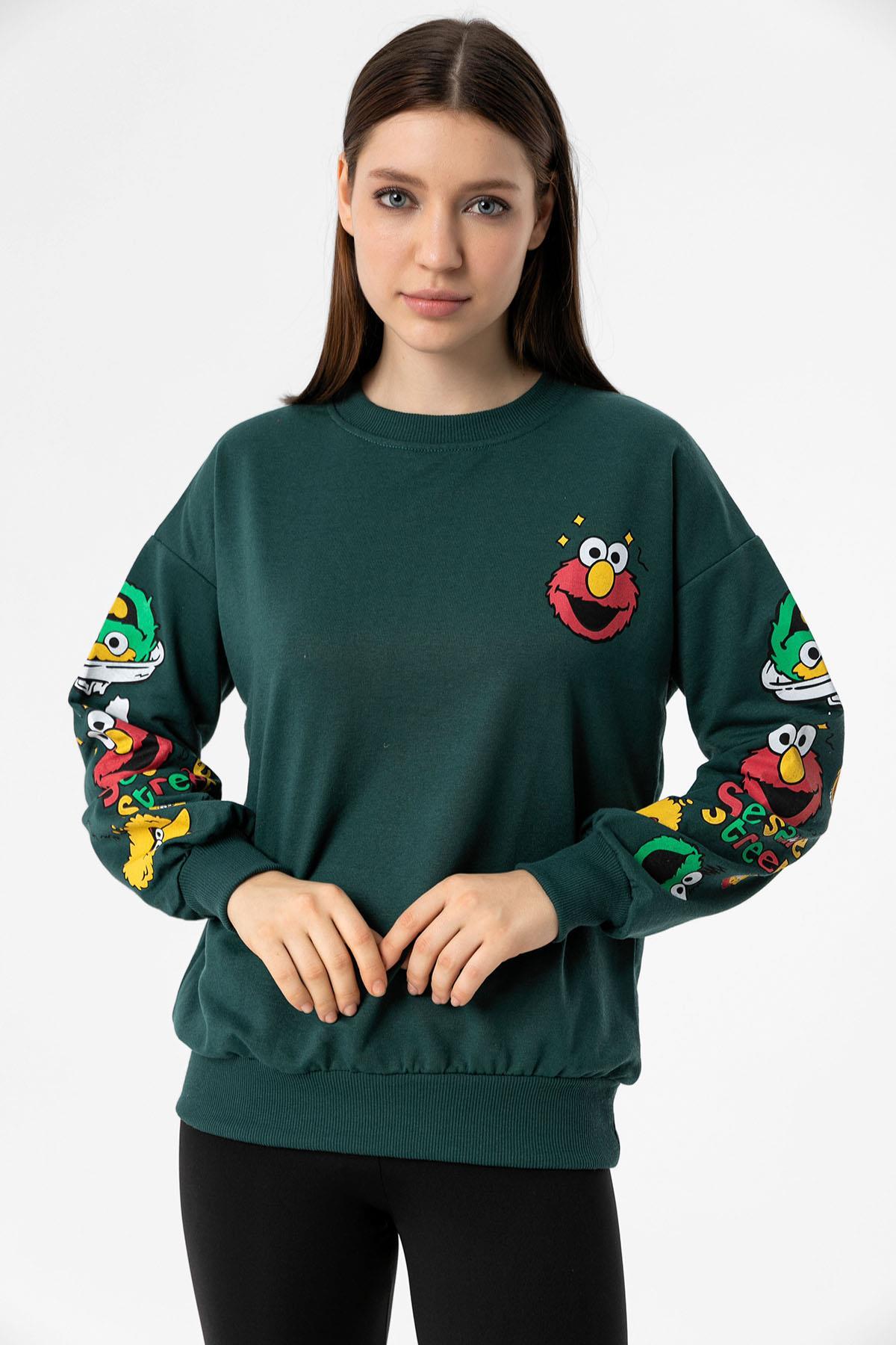 Kadın Baskı Detaylı Bisiklet Yaka Oversize Sweatshirt 245222 -