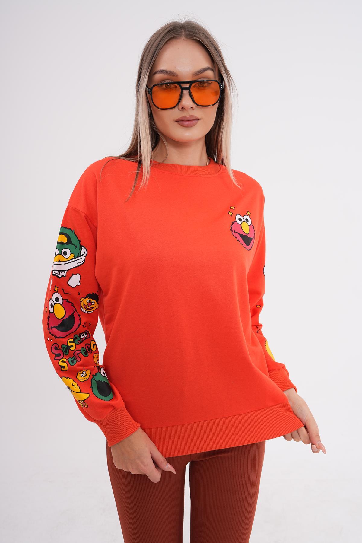 Kadın Baskı Detaylı Bisiklet Yaka Oversize Sweatshirt 245222 -
