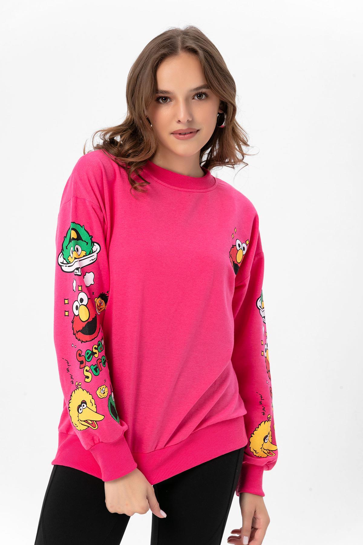 Kadın Baskı Detaylı Bisiklet Yaka Oversize Sweatshirt 245222 -
