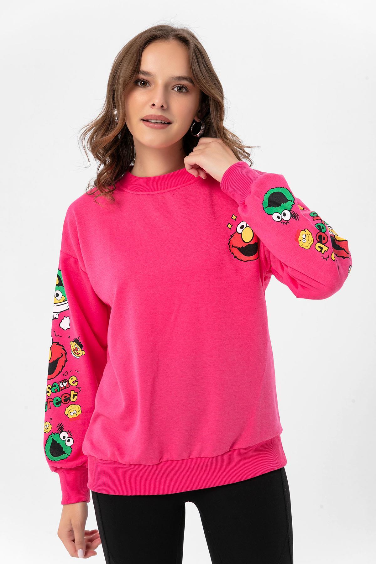 Kadın Baskı Detaylı Bisiklet Yaka Oversize Sweatshirt 245222 -